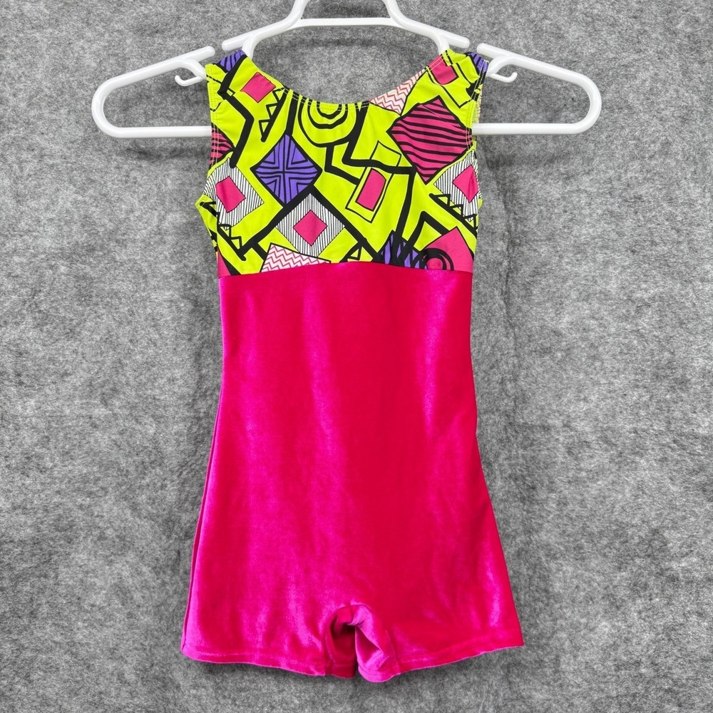 Motionwear Child Gymnastics Biketard 10-12 Pink Velvet Neon Geometric Open Back
